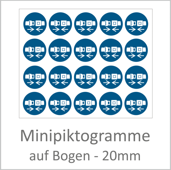 DIN ISO 7010 Aufkleber Blau mit Symbol Sicherheitsgurt benutzen, rund mit20mm Durchmesser